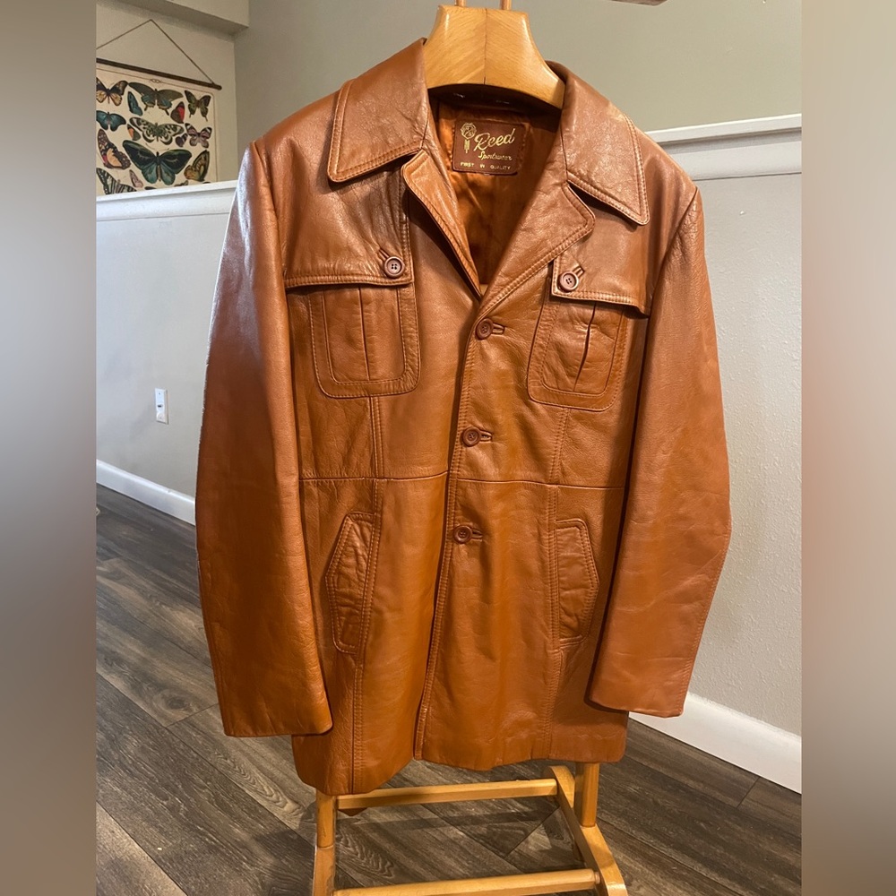 Vintage 1970s Reed Sportswear Tan Leather Car Coat Belted Jacket